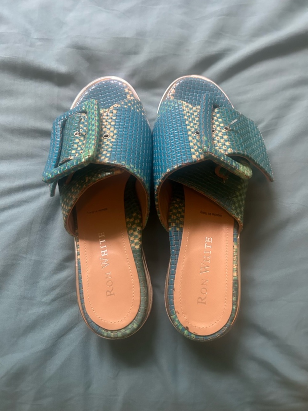 Teal Woven Buckle Slide Mules